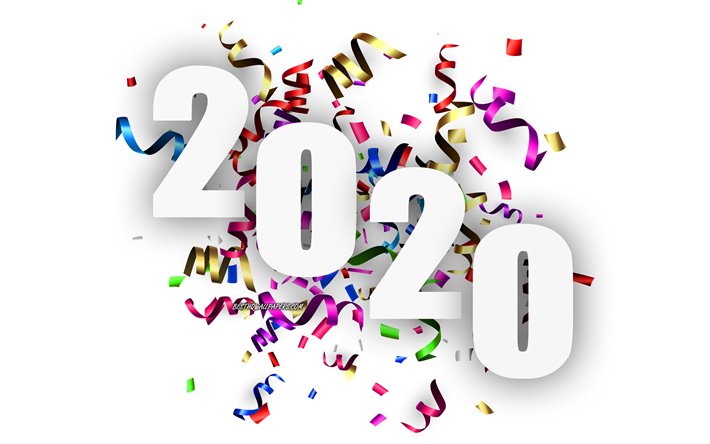 Happy New Year 2020, colored silk ribbons, 2020 concepts, 2020 white background, 2020 New Year, background with ribbons