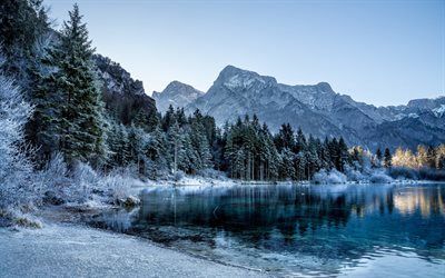 冬景色, 雪, 氷, 山湖, 岩, 山の風景