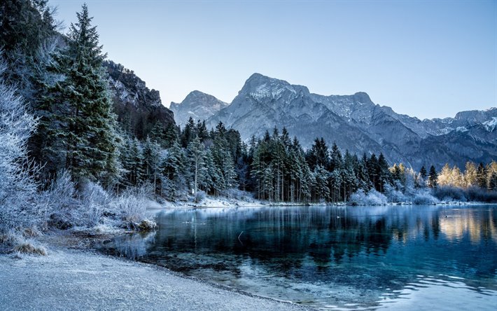 paisagem de inverno, neve, gelo, lago de montanha, rochas, paisagem de montanha