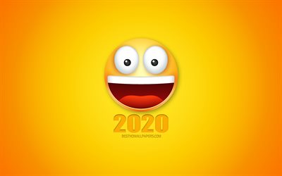 2020 funny art, Happy New Year 2020, 3d smile, emotions, 2020 concepts, yellow background, creative 2020 art