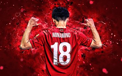4k, Takumi Minamino, 2019, vista posteriore, calcio, Liverpool FC, giapponese calciatori, Minamino, Premier League, LFC, luci al neon, Inghilterra, Takumi Minamino Liverpool