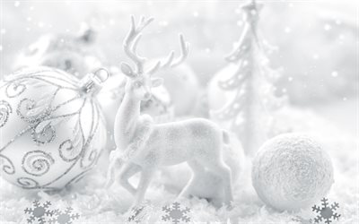 weißer hirsch, dekoration, weihnachten, white christmas hintergrund, happy new year, white christmas kugeln, frohe weihnachten