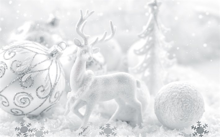 白鹿の装飾, クリスマス, 白色のクリスマスの背景, 謹賀新年, 白色のクリスマスボール, メリークリスマス