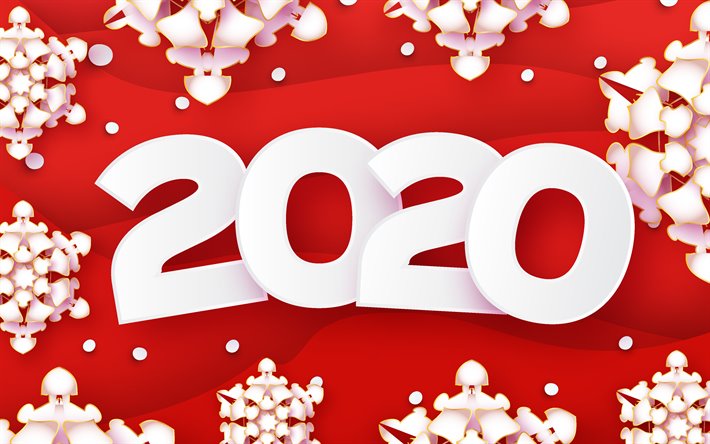 Happy New Year 2020, 4k, paper snowflakes, abstract art, 2020 concepts, 2020 white digits, 2020 on red background, 2020 paper art, creative, 2020 year digits