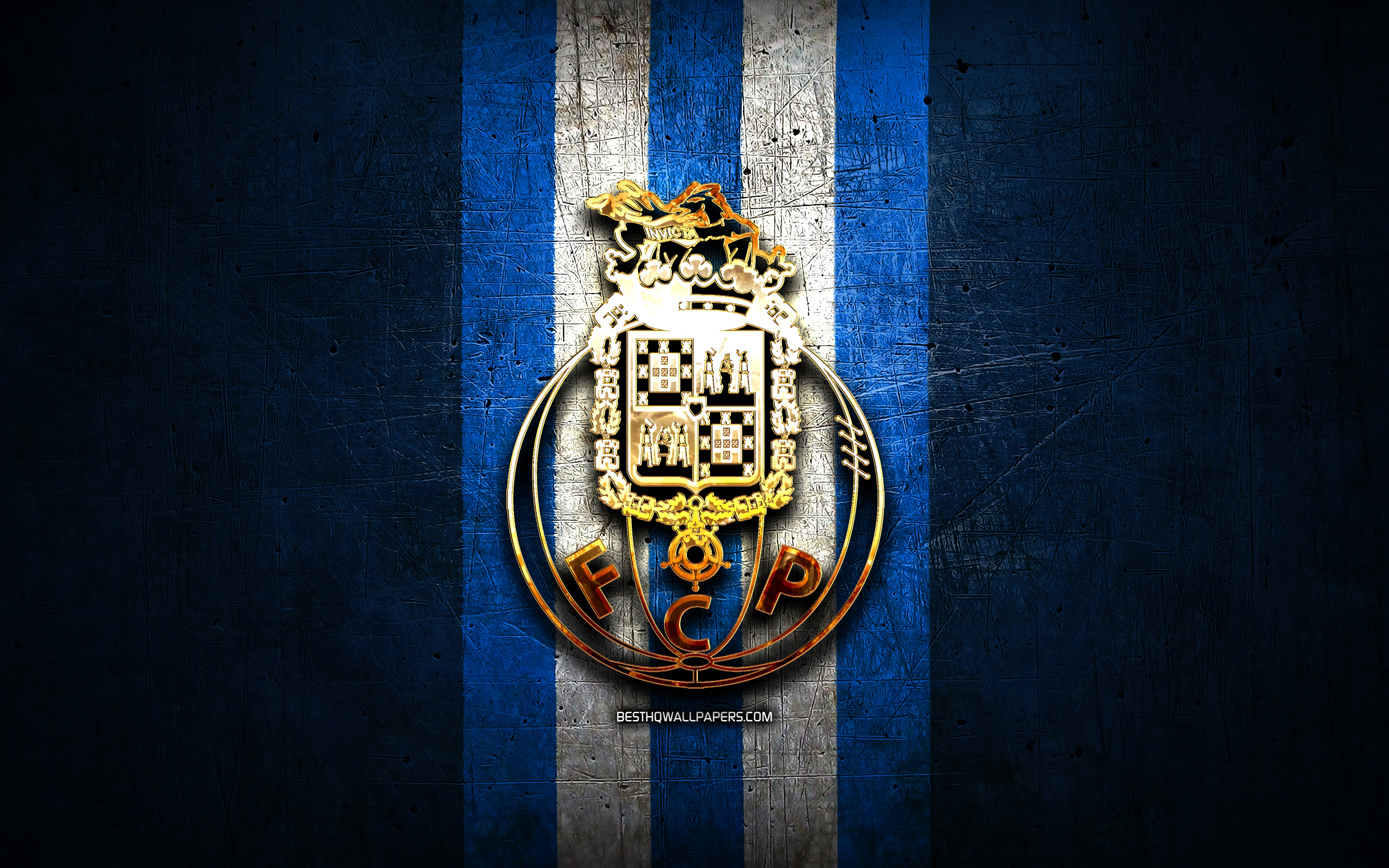Download wallpapers Porto FC, golden logo, Primeira Liga, blue metal ...