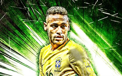 Neymar JR, grunge art, Brazil national football team, football stars, green abstract rays, Neymar da Silva Santos Junior, soccer, creative, Neymar, Brazilian National Team
