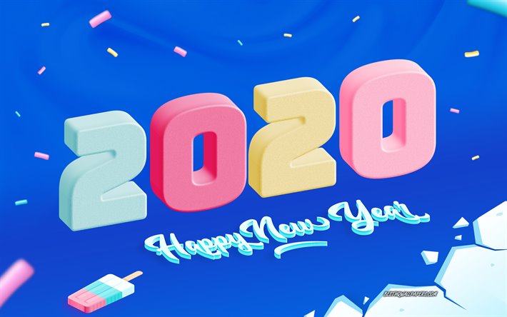 2020 3d fond, bonne et Heureuse Ann&#233;e 2020, fond bleu, 3d lettres, hiver, glace, 2020 concepts, 2020 Nouvel An