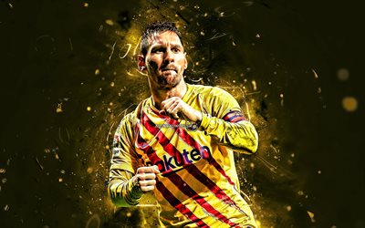 Lionel Messi, 2019, amarillo uniforme, FC Barcelona, el argentino futbolistas, close-up, FCB, Leo Messi, las estrellas de f&#250;tbol, La Liga, Messi, las estrellas del f&#250;tbol, LaLiga, f&#250;tbol, Espa&#241;a, luces de ne&#243;n, en el Bar&#231;a