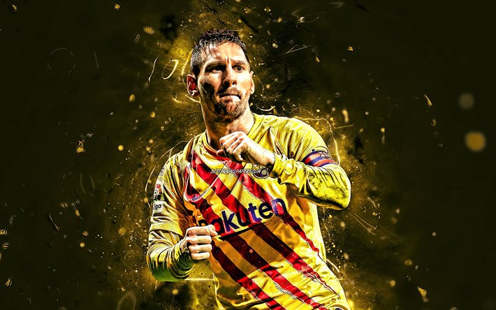 Lionel Messi, 2019, jaune uniforme, du FC Barcelone, l&#39;argentin footballeurs, close-up, FCB, Leo Messi, les stars du football, La Liga, Messi, LaLiga, le football, l&#39;Espagne, les n&#233;ons, le Barca