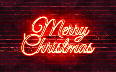 Kırmızı neon Mutlu Noeller, 4k, kırmızı brickwall, Mutlu Yeni Yıl Kavramı, Kırmızı Mutlu Noeller, yaratıcı, Noel dekorasyon, Mutlu Noeller, Noel s&#252;slemeleri
