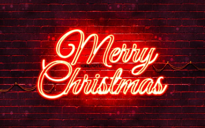 rote neon frohe weihnachten, 4k, red brickwall, happy new years konzept, rot, frohe weihnachten, kreativ, weihnachtsdekoration, weihnachten dekorationen