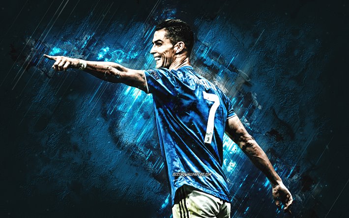 Cristiano Ronaldo, CR7, Juventus FC, blue stone background, blue Juventus uniform, portuguese footballer, world football star, football