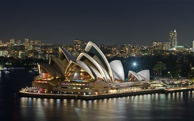 Sydney, 4k, Opera Binası, panorama, gece, Avustralya