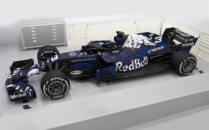 O Red Bull RB14, 2018, Formula1, carro de corrida, A Red Bull Racing, RB14, F1, garagem