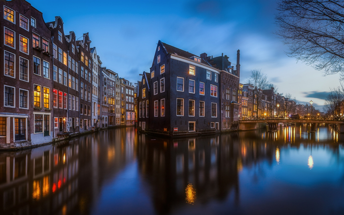 Amsterdam, evening, city lights, canals, Netherlands, old city, houses in the water