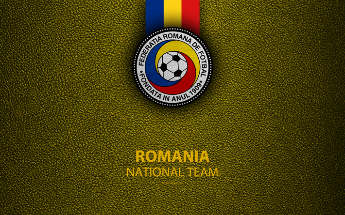 Romanian national football team, 4k, leather texture, emblem, logo, football, Romania
