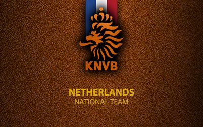 Netherlands national football team, 4k, leather texture, emblem, logo, football, Netherlands