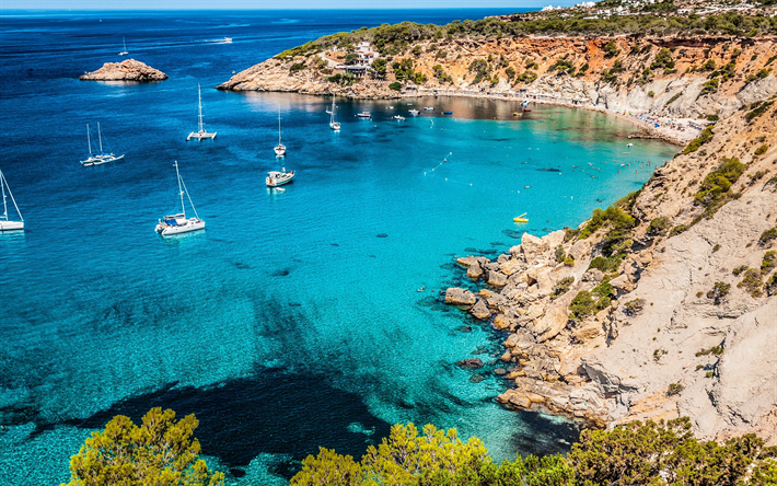 Ibiza, blue lagoon, azure, beach, yachts, Mediterranean Sea, coast, Spain