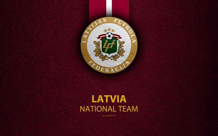 die lettische fu&#223;ball-nationalmannschaft, 4k, leder textur, wappen, emblem, logo, fu&#223;ball, lettland