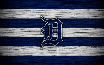 Los Tigres de Detroit, 4k, MLB, b&#233;isbol, estados UNIDOS, la Major League Baseball, textura de madera, arte, club de b&#233;isbol