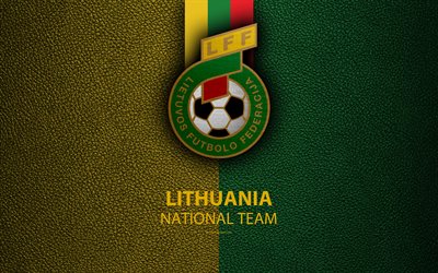 Lithuania national football team, 4k, leather texture, coat of arms, emblem, logo, football, Lithuania