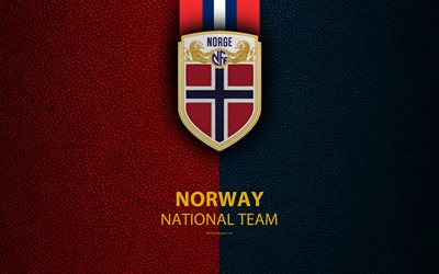 Norge i fotboll, 4k, l&#228;der konsistens, vapen, emblem, logotyp, fotboll, Norge