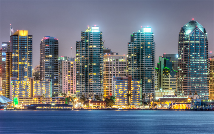 San Diego, 4k, modern buildings, cityscapes, nightscapes, USA, America