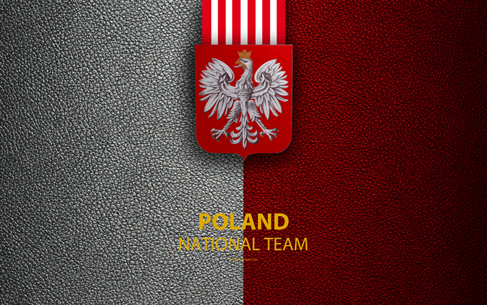 Polonia squadra nazionale di calcio, 4k, texture in pelle, stemma, emblema, logo, calcio, Polonia