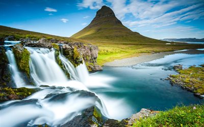 Reykjavik, 4k, waterfall, rocks, mountain, Europe, Iceland