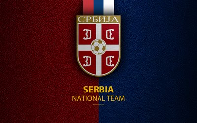 Serbia national football team, 4k, leather texture, coat of arms, emblem, logo, football, Serbia
