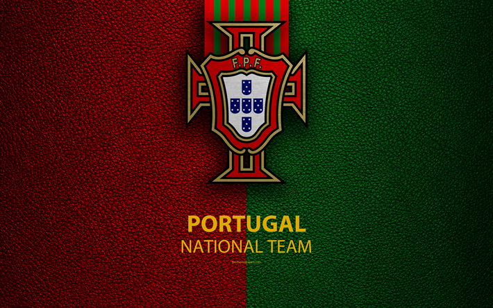 Portugal equipa de futebol nacional, 4k, textura de couro, bras&#227;o de armas, emblema, logo, futebol, Portugal