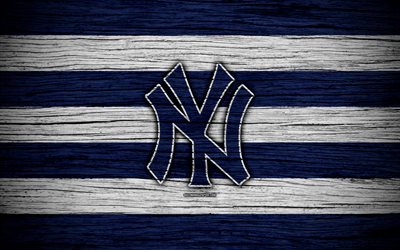New York Yankees, 4k, MLB, baseball, USA, Major League Baseball, NY Yankees, wooden texture, art, baseball club, Yankees