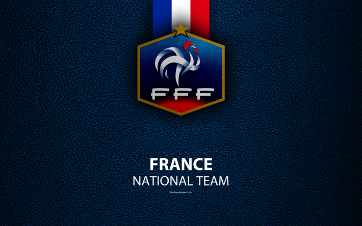 France national football team, 4k, leather texture, coat of arms, emblem, logo, football, France