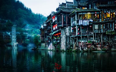 Fenghuang, 4k, フォギー天気, 川, 中国, アジア