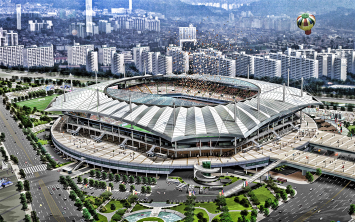Sangam-Stadionille, ilmakuva, Seoul World Cup Stadium, jalkapallo-stadion, jalkapallo, Soul, Etel&#228;-Korean stadionit, Etel&#228;-Korea, Seoul FC stadium