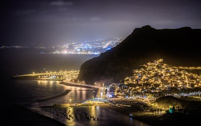 Teneriffa, Kanarie&#246;arna, Vulkanen Teide, natt, stadens ljus, kusten, Nord-Atlanten, Spanien