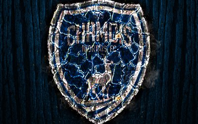 Chamois Niortais, scorched logo, Ligue 2, blue wooden background, french football club, Chamois Niortais FC, grunge, football, soccer, Chamois Niortais logo, fire texture, France