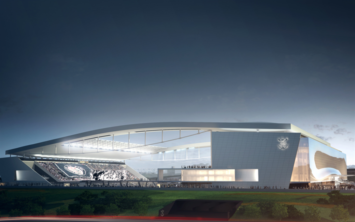 Arena Corinthians, il progetto in 3D, Corinzi Stadio, notturna, calcio, Serie A, stadio pieno, Sport Club Corinthians Paulista, partita di calcio, Brasile, brasiliano stadi