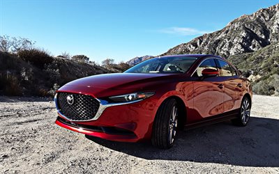 2019, Mazda 3, sed&#225;n rojo, rojo nuevo Mazda 3, vista de frente, exterior, los coches japoneses, Mazda