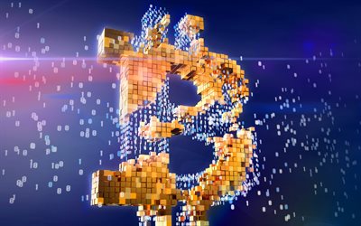 Bitcoin, 4k, 3D art, rahan k&#228;site, s&#228;hk&#246;isen rahan, kolikot, Bitcoin 3D-k&#228;site, crypto valuutta, luova