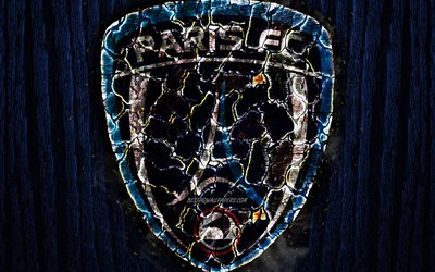 Paris FC, br&#251;l&#233;e logo, de la Ligue 2, bleu, en bois, fond, ASNL, club fran&#231;ais de football, le FC Paris, grunge, le football, le soccer, le Paris FC logo, le feu de la texture, France