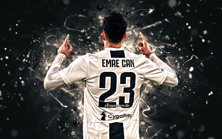 Emre Can, back view, Juventus FC, german footballers, goal, soccer, Serie A, Can, neon lights, Bianconeri, Italy, JUVE
