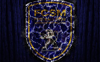 FC Sochaux-Montbeliard, kavrulmuş logo, 2 İzle, mavi ahşap arka plan, Fransız Futbol Kul&#252;b&#252;, FC Sochaux, grunge, futbol, Sochaux logo, yangın, doku, Fransa