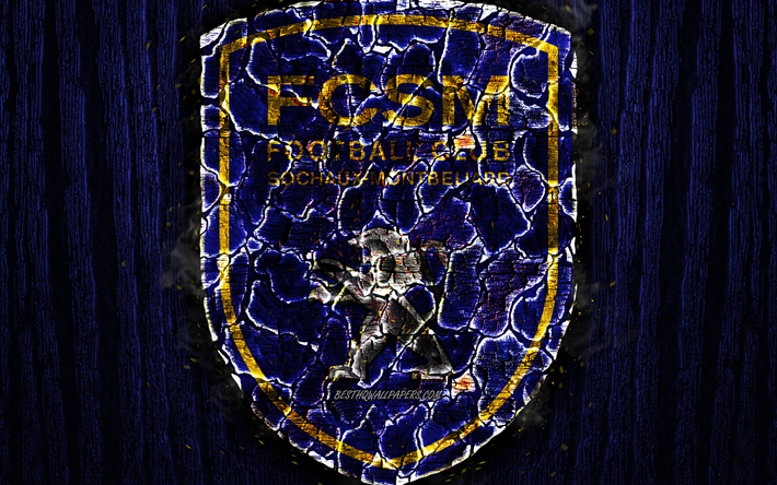 FC Sochaux-Montbeliard, scorched logo, Ligue 2, blue wooden background, french football club, Sochaux FC, grunge, football, soccer, Sochaux logo, fire texture, France