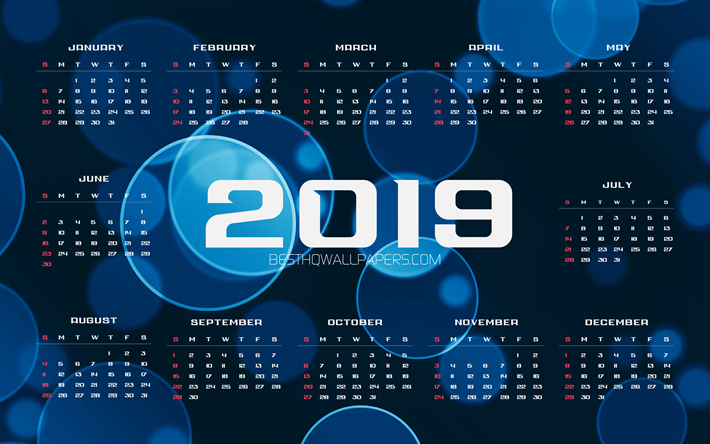 Bl&#229; Kalender 2019, 4k, bl&#229; bakgrund, 2019 &#197;rliga Kalender, bl&#228;ndning, kreativa, Kalendern 2019, &#197;r 2019 Kalender, 2019 kalendrar, abstrakt konst, 2019 kalender