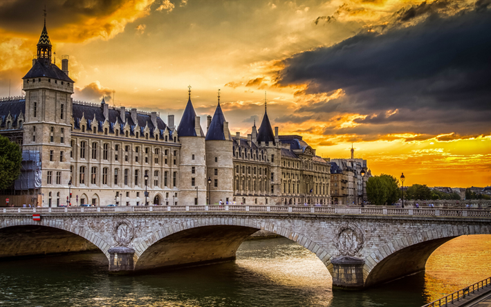 Conciergerie, Paris, France, royal castle, sunset, evening, landmark