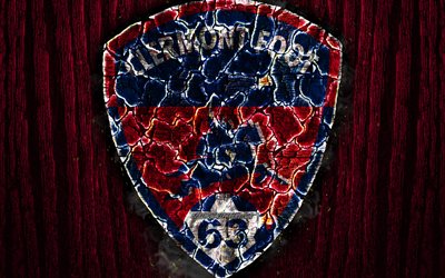 Clermont Foot 63, scorched logo, Ligue 2, red wooden background, french football club, Clermont Foot FC, grunge, football, soccer, Clermont Foot logo, fire texture, France