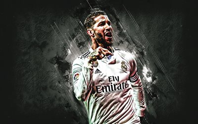 Sergio Ramos, Real Madrid, f&#246;rsvarare, gl&#228;dje, vit sten, portr&#228;tt, k&#228;nda fotbollsspelare, fotboll, spanska fotbollsspelare, grunge, Ligan, Spanien