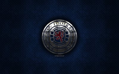 Rangers FC, Scottish football club, blue metal texture, metal logo, emblem, Glasgow, Scotland, Scottish Premiership, creative art, football