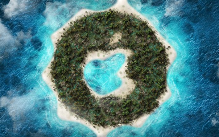Apple, island logo, creative art, Apple emblem, tropical island, ocean, waves, top view